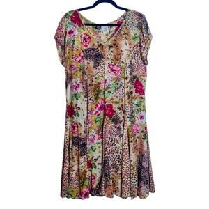 Bila Short Sleeve Boho Midi Dress Floral Leopard Jungle Print Large Y2K Hippie